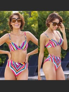 New Trina Turk Louvre multicolor swimsuit set highwaist bottom underwire top